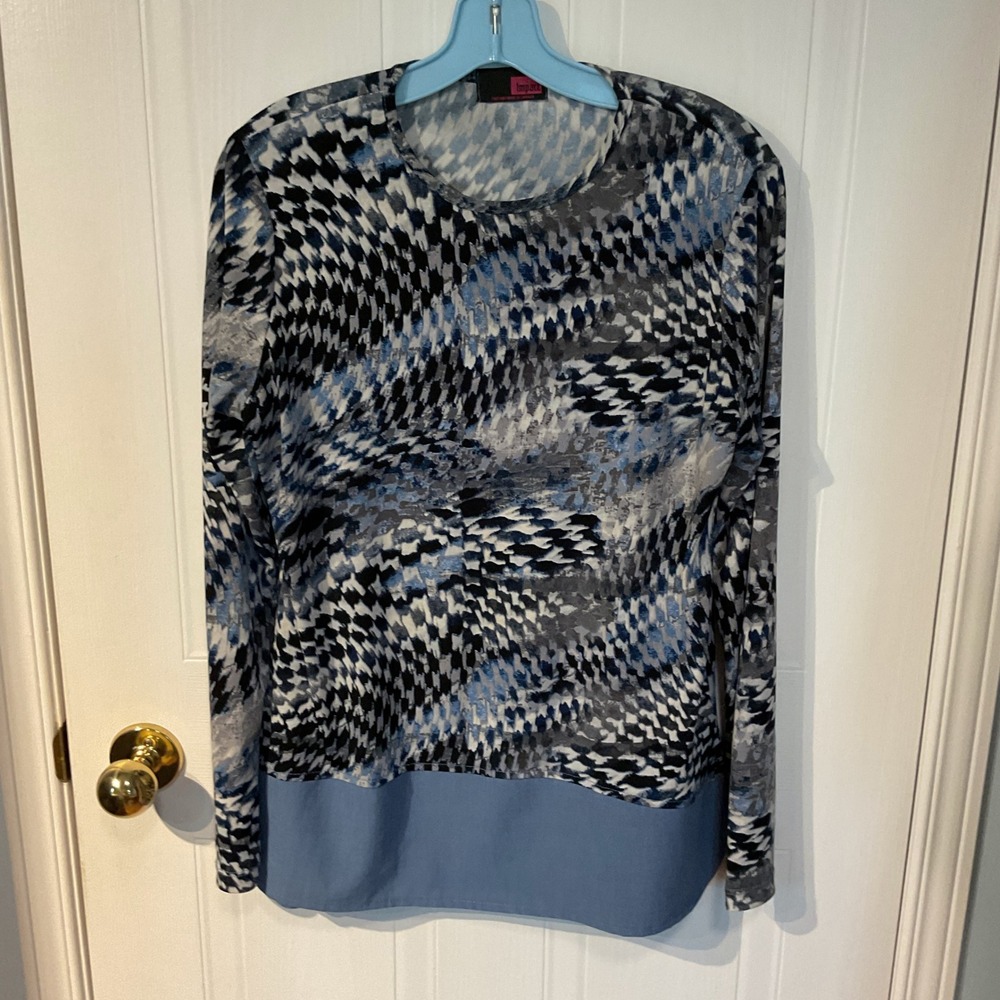 Impact Blouse Womens Large Blue Excellent Abstract Print Long Sleeve Mixed Media